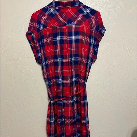Rails Plaid Shirt Dress Tunic Red Blue Button Front Tie Waist Size Medium - Picture 9 of 9